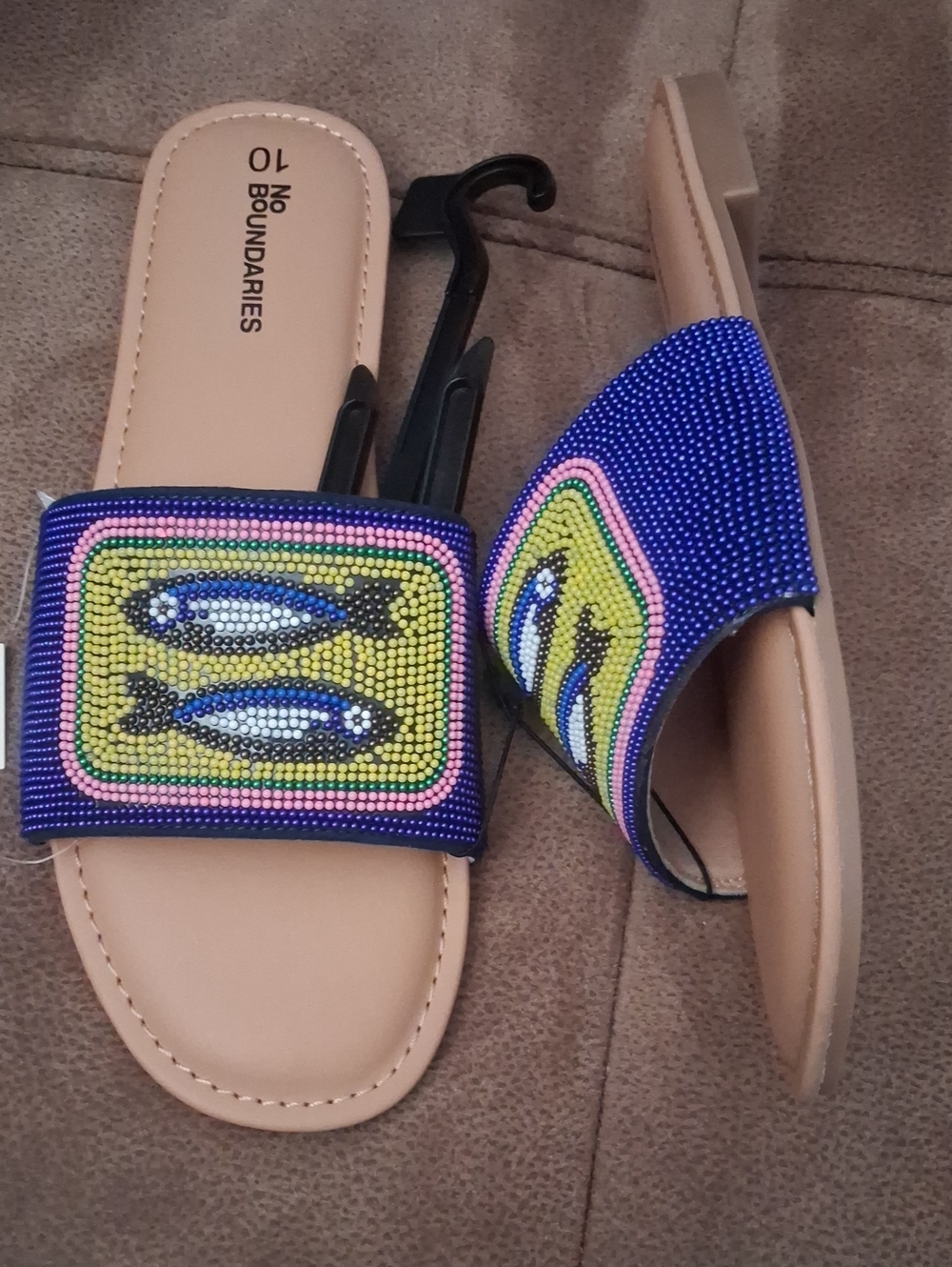 No Boundaries Beaded Fish Slide Sandals - Blue, Yellow & Pink Accents Size 10